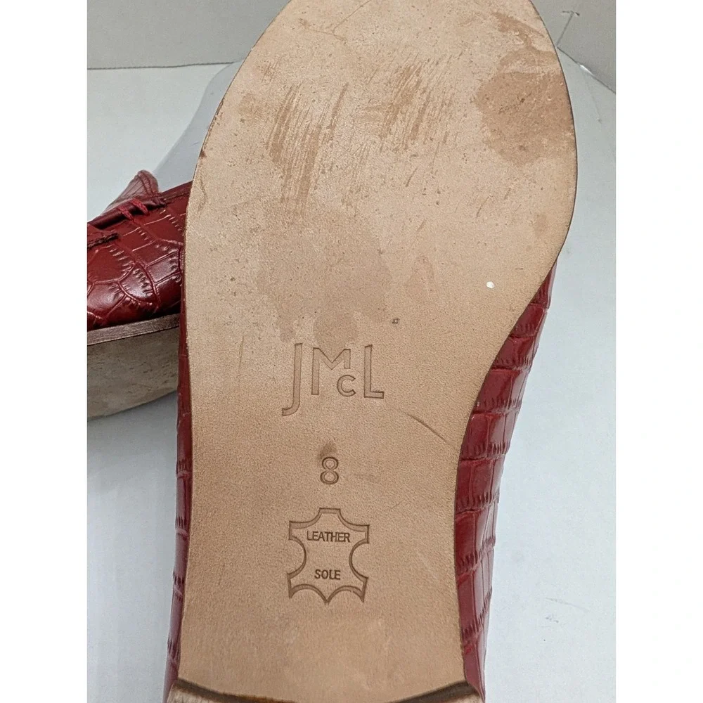 J. Mclaughlin Dillon Red Croc Skin Print Leather Loafers Sz 8M Bamboo Metal Gold